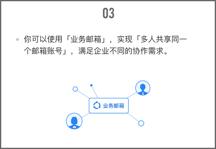 你可以使用“業(yè)務(wù)郵箱”，實(shí)現(xiàn)“多人共享同一個(gè)郵箱賬號”，滿足企業(yè)不同的協(xié)作需求。